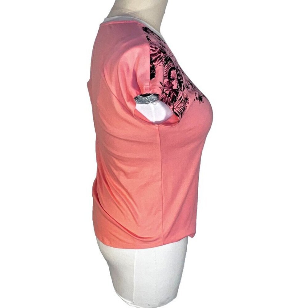 Coral Bay Blouse Womens L Peach Floral Seashell Silver Beaded Neck Short Sleeve - Picture 7 of 14